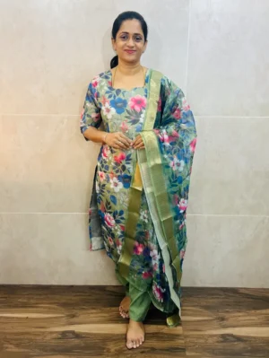 Printed Soft tissue silk top (cotton lining) with printed organza dupatta and silk bottom (free size)