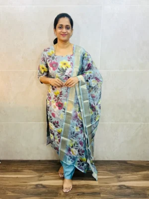 Printed Soft tissue silk top (cotton lining) with printed organza dupatta and silk bottom (free size)