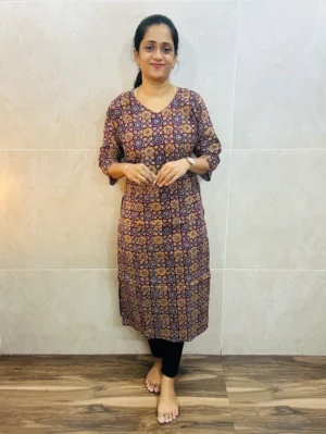 Ajrakh cotton top(cotton lining) with handworked yoke(straight cut)