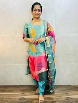 Printed soft tissue silk top (cotton lining) paired with tissue silk dupatta and silk bottom (free size)