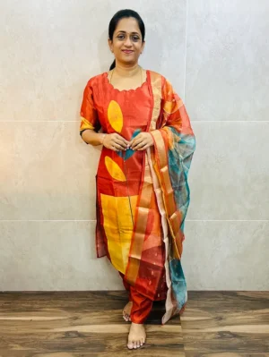 Printed soft tissue silk top (cotton lining) paired with tissue silk dupatta and silk bottom (free size)