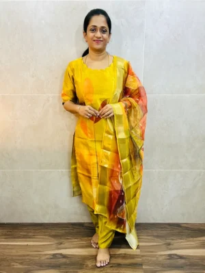Printed soft tissue silk top (cotton lining) paired with tissue silk dupatta and silk bottom (free size)