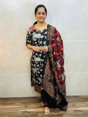 Printed modal viscose top (cotton lining) paired with modal viscose dupatta and modal viscose bottom (cotton lining-Free size)
