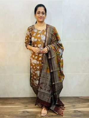 Printed modal viscose top (cotton lining) paired with modal viscose dupatta and modal viscose bottom (cotton lining-Free size)