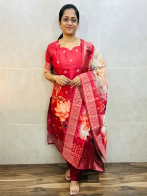 Soft malai silk top (cotton lining) with all over zari weavings paired with printed malai silk dupatta and Santoon bottom (free size)