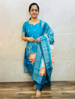 Soft malai silk top (cotton lining) with all over zari weavings paired with printed malai silk dupatta and Santoon bottom (free size)
