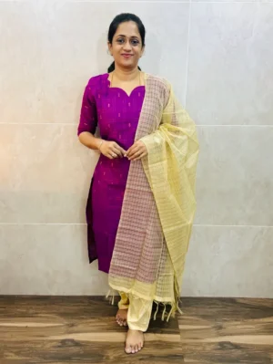 Premium semi raw silk top(cotton lining)with allover weavings pared with soft kota dupatta and semi raw silk bottom(free size)