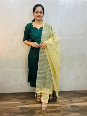 Premium semi raw silk top(cotton lining)with allover weavings pared with soft kota dupatta and semi raw silk bottom(free size)