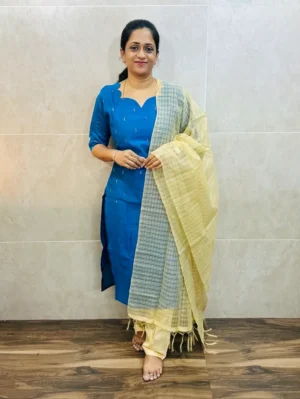 Premium semi raw silk top(cotton lining)with allover weavings pared with soft kota dupatta and semi raw silk bottom(free size)