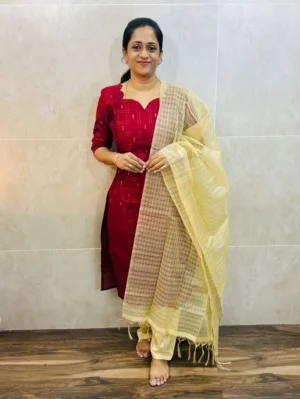 Premium semi raw silk top(cotton lining)with allover weavings pared with soft kota dupatta and semi raw silk bottom(free size)