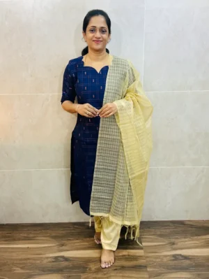 Premium semi raw silk top(cotton lining)with allover weavings pared with soft kota dupatta and semi raw silk bottom(free size)