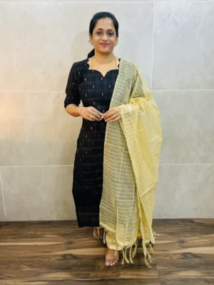 (Black)Premium semi raw silk top(cotton lining)with allover weavings pared with soft kota dupatta and semi raw silk bottom(free size)