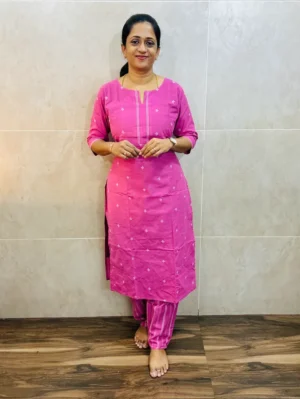 Pure handloom cotton top(cotton lining)with allover thread woven buttas paired with cotton bottom(free size)