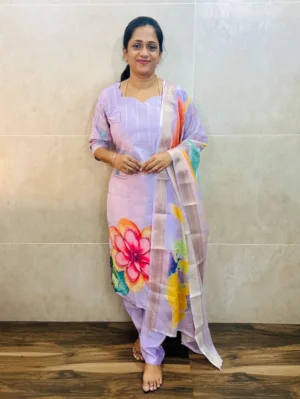 Printed Muslin silk top(cotton lining) paired with muslin silk dupatta and silk bottom(free size)