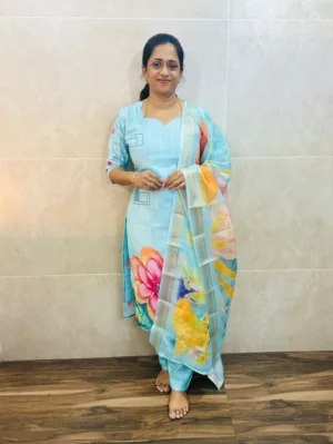 Printed Muslin silk top(cotton lining) paired with muslin silk dupatta and silk bottom(free size)