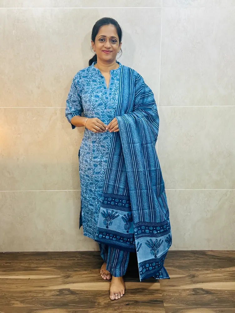 Indigo dyed jaipur cotton top(cotton lining) paired with cotton dupatta and cotton bottom(straight cut)