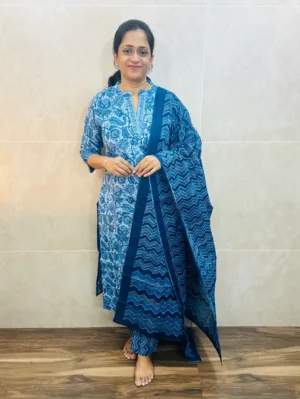 Indigo dyed jaipur cotton top(cotton lining) paired with cotton dupatta and cotton bottom(straight cut)