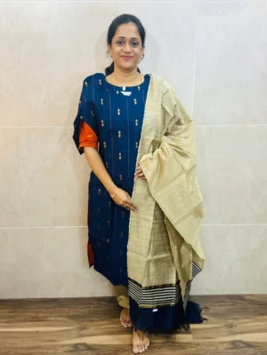 Premium semi raw silk top(cotton lining)with allover weavings pared with semi raw dupatta and semi raw silk bottom(free size)