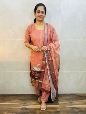 Linen cotton top(cotton lining) paired with linen cotton dupatta and santoon bottom(free size)