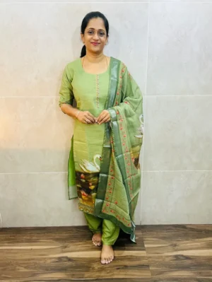 Linen cotton top(cotton lining) paired with linen cotton dupatta and santoon bottom(free size)