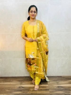 Linen cotton top(cotton lining) paired with linen cotton dupatta and santoon bottom(free size)