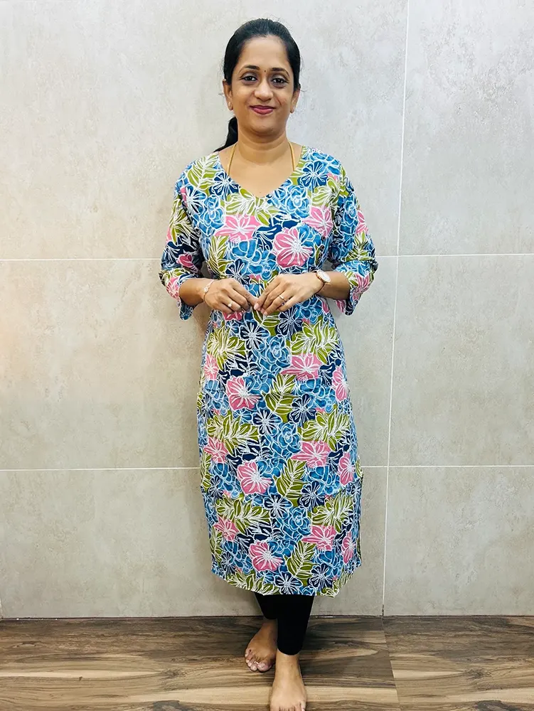 Printed Jaipur cotton top (cotton lining) with fancy buttons on yoke (straight cut)