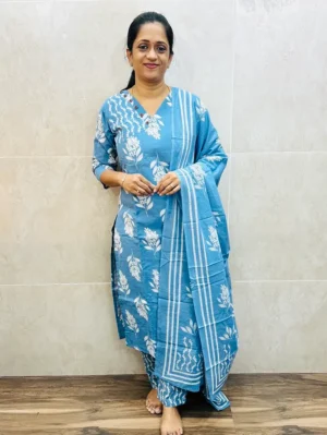 Printed Jaipur cotton top (cotton lining) paired with printed cotton dupatta and cotton bottom (straight cut)