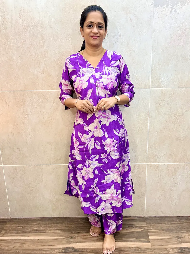 Printed silk cotton top paired with silk cotton bottom (palazzo bottom)