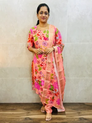 Printed muslin silk top (cotton lining) paired with linen cotton dupatta and santoon bottom (straight cut)