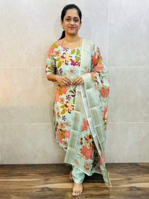 Printed muslin silk top (cotton lining) paired with linen cotton dupatta and santoon bottom (straight cut)