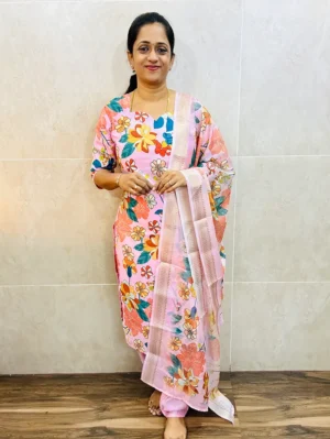 Printed muslin silk top (cotton lining) paired with linen cotton dupatta and santoon bottom (straight cut)