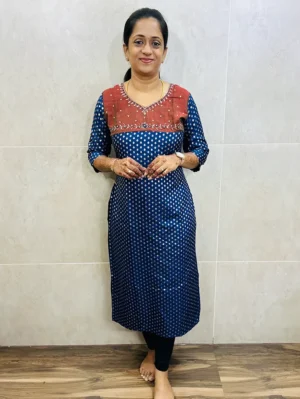 Soft silk cotton top (crepe lining) with allover Benaras weaving and hand worked yoke (straight cut)