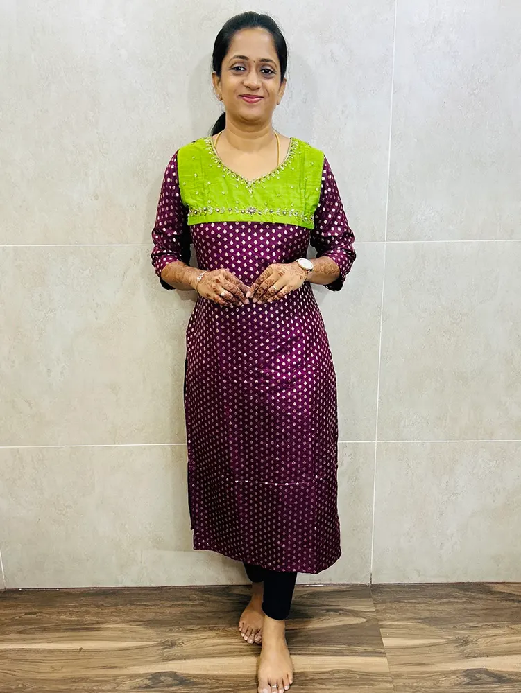 Soft silk cotton top (crepe lining) with allover Benaras weaving and hand worked yoke (straight cut)