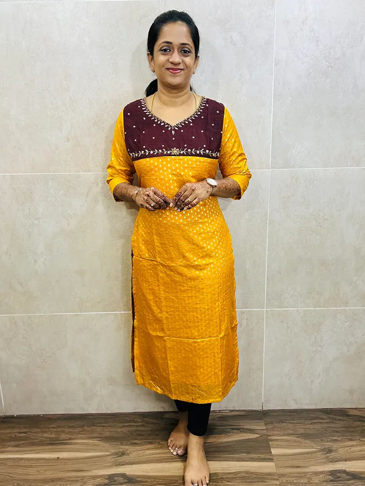 Soft silk cotton top (crepe lining) with allover Benaras weaving and hand worked yoke (straight cut)