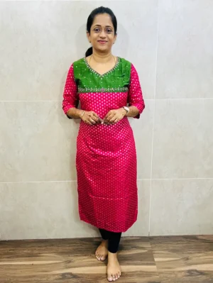 Soft silk cotton top (crepe lining) with allover Benaras weaving and hand worked yoke (straight cut)