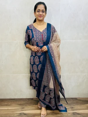 Ajrakh printed Jaipur cotton top (cotton lining) with hand worked yoke paired with cotton dupatta and cotton bottom (straight cut)