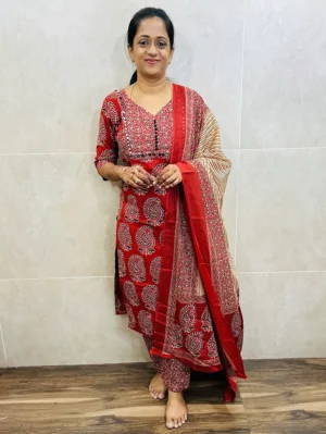 Ajrakh printed Jaipur cotton top (cotton lining) with hand worked yoke paired with cotton dupatta and cotton bottom (straight cut)