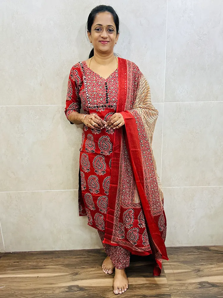 Ajrakh printed Jaipur cotton top (cotton lining) with hand worked yoke paired with cotton dupatta and cotton bottom (straight cut)