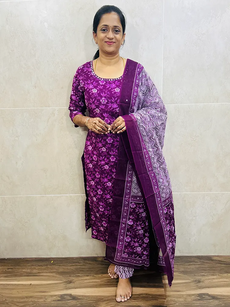 Printed Jaipur cotton top (cotton lining) with hand worked yoke paired with cotton dupatta and cotton bottom (straight cut)