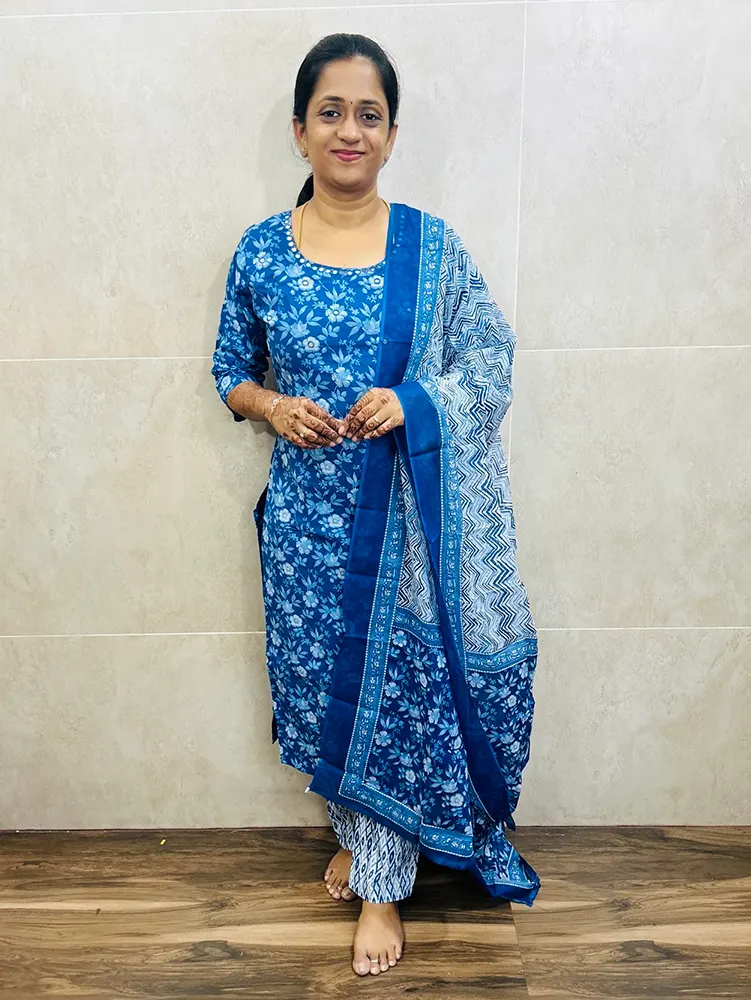 Printed Jaipur cotton top (cotton lining) with hand worked yoke paired with cotton dupatta and cotton bottom (straight cut)