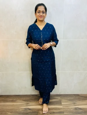 Premium silk cotton top(cotton lining) with allover zari weavings paired with silk cotton bottom(straight cut)