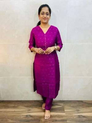 Premium silk cotton top(cotton lining) with allover zari weavings paired with silk cotton bottom(straight cut)