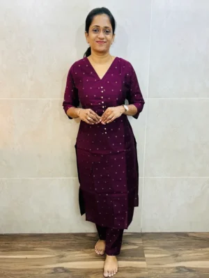 Premium silk cotton top(cotton lining) with allover zari weavings paired with silk cotton bottom(straight cut)