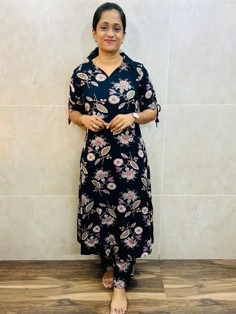 (Blue)Printed premium Rayon top(Aline pattern) paired with printed Rayon bottom(semi palazzo)