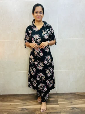 (Black)Printed premium Rayon top(Aline pattern) paired with printed Rayon bottom(semi palazzo)