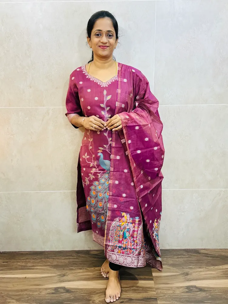 Soft Benarasi silk top (full cotton lining) with exclusive jamdani weaving paired with benarasi soft silk dupatta