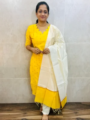 Premium semi raw silk top(cotton lining)with allover weavings pared with semi raw dupatta and semi raw silk bottom(free size)