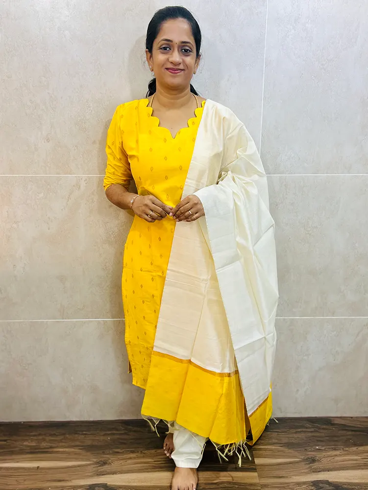 Premium semi raw silk top(cotton lining)with allover weavings pared with semi raw dupatta and semi raw silk bottom(free size)