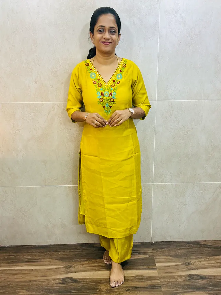 Premium silk cotton top(crepe lining) with embroidered yoke paired with silk cotton bottom(straight cut)