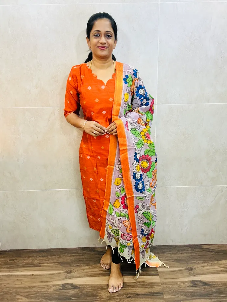 Premium semi raw silk top(cotton lining) with allover zari weaving buttas paired with handpainted kalamkari silk duppata